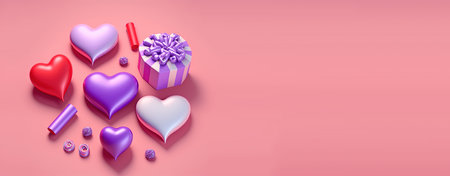 Shiny red heart on a festive Valentine's Day banner backgroundの写真素材