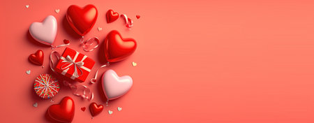 Valentine's Day banner with a sparkling red 3D heartの写真素材