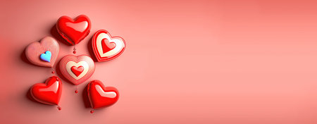 Red 3D heart on a happy Valentine's Day banner backgroundの写真素材