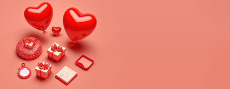 3D heart in red on a cheerful Valentine's Day bannerの写真素材