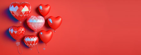 Happy valentines day banner background with shiny red 3d heart shapeの写真素材