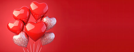 Happy valentines day banner background with shiny red 3d heart shapeの写真素材
