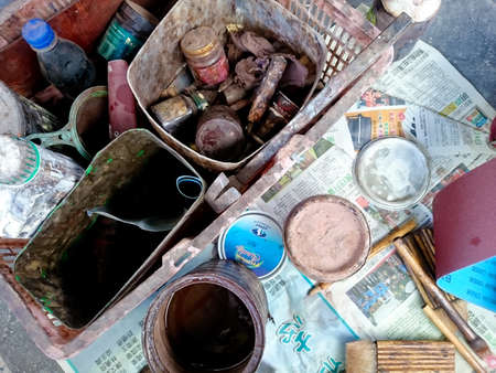 A set of tool belongs of wooden painterのeditorial素材