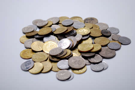 A bulk of MYR coin isolated with white background. Top view with copy space
