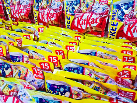 MELAKA, MALAYSIA - March 23, 2018 : A package of Kit Kat display at market. Kit Kat is a...