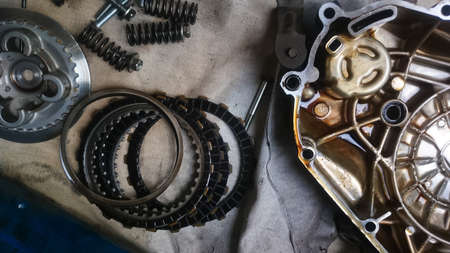 A tools and spare part component of motorcycle. Close up and from top view
