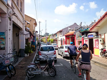 MELAKA, MALAYSIA - April 11, 2018 : View around the Jonker Street. Historical road with old building structure. Also known as China town in Malacca also as shopping area for touristのeditorial素材