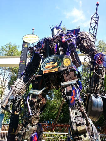 MELAKA, MALAYSIA, April 11, 2018 : Replica of transformers made by recyclable scrap metal. Located...