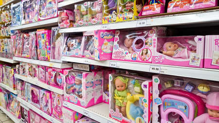 MELAKA, MALAYSIA - April 13, 2018 : Assorted toys on shelf rack display in the Tesco store.のeditorial素材