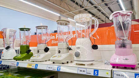 MELAKA, MALAYSIA - April 13, 2018 : Assorted brand and type of blender on shelf rack display in the...