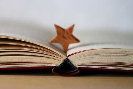 Close-up of an open book with a wooden star as a bookmark