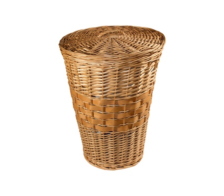 A covered wicker basket isolated on whiteの写真素材