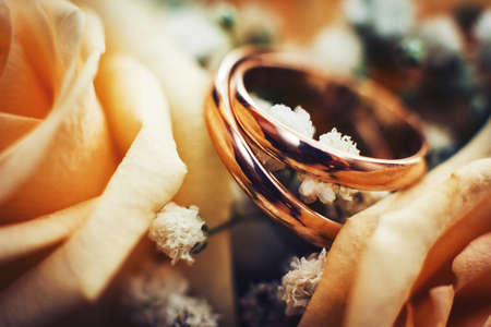 gold wedding rings in bouquet of rosesの写真素材