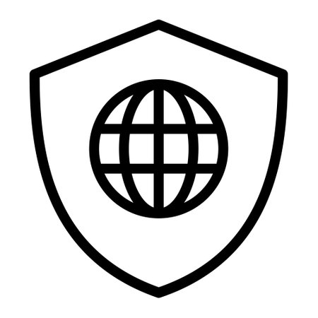 Isolated cyber security in outline icon on white background. Defender, shield, guard, protection, internet, network, globeのイラスト素材