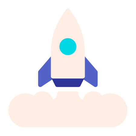 Isolated rocket launch in flat icon on white background. Launching, boost, startup, advertising, marketingのイラスト素材