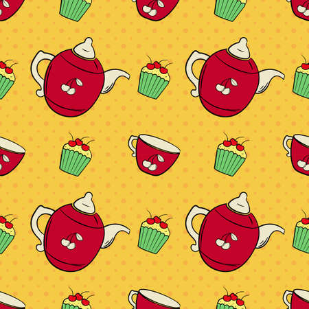 Seamless pattern with cupcakes and tea cupsのイラスト素材