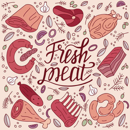 Butcher shop meat products. Fresh shank, lamb ribs, chicken, vegetables and spicy herbs. Food design. Hand drawn illustration.のイラスト素材