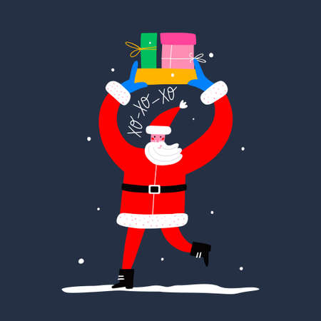 Running Santa with Gifts - Christmas and New Year - modern flat vector concept illustration of cheerful Santa Claus.のイラスト素材