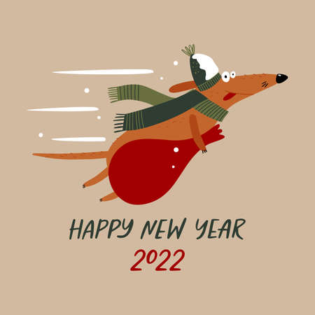 Running dogs with christmas bagful presents. Christmas greeting card.のイラスト素材