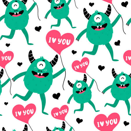 Seamless pattern with cute monsters. Monster in love.のイラスト素材