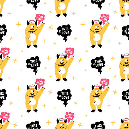 Seamless pattern with monster in love. Background for Valentines Day.のイラスト素材