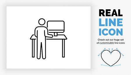 Editable real line icon of a stick man figure behind a hight adjustable standing deskのイラスト素材