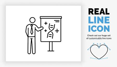 Editable real line icon of a stick figure businessman giving a presentation about drugsのイラスト素材