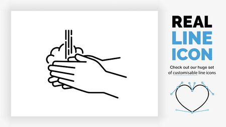 Editable real line icon of washing hands with soapのイラスト素材