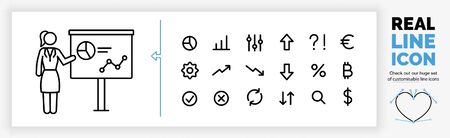 editable real line icon set of a standing business woman stick figure giving a analytics presentationのイラスト素材