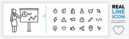 editable real line icon set of a standing business woman stick figure giving a analytics presentationのイラスト素材
