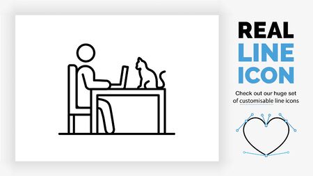 editable real line icon of a stick figure person working in a chair at his homeのイラスト素材