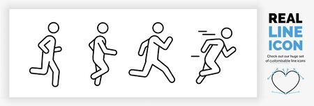 Editable real line icon set of a boy stick figure running fast and joggingのイラスト素材