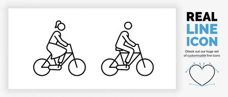 editable real line icon of a female and male stick figure riding on a bicycleのイラスト素材