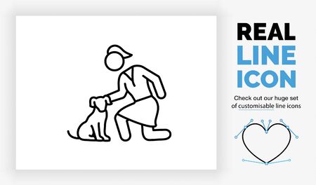 Editable line icon of a woman petting a dogのイラスト素材