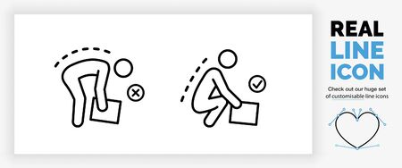 Editable real line icon of a stick figure person doing heavy lifting with a correct and incorrect postureのイラスト素材