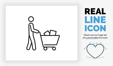 Editable line icon of a stick figure walking with a shopping cartのイラスト素材