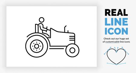 Editable real line icon of a farmer stick figure riding on his tractorのイラスト素材