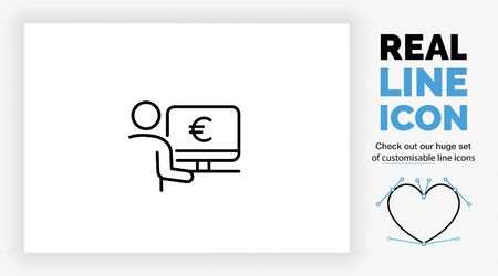 Editable real line icon of a stick figure person at his desk on a computer checking his money balanceのイラスト素材