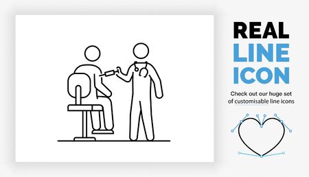 Editable real line icon of a standing stick figure doctor giving a patient sitting on a chair his vaccinationのイラスト素材