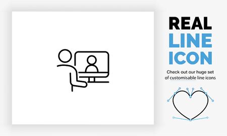 Editable real line icon of stick figure people working from home on their computerのイラスト素材