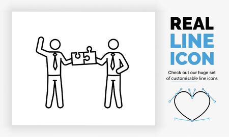 Editable real line icon of two stick figure business man working togetherのイラスト素材