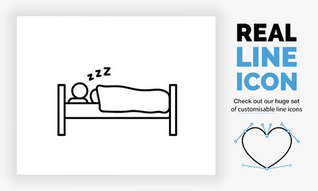 Editable real line icon of a stick figure sleeping in his bed with a blanketのイラスト素材