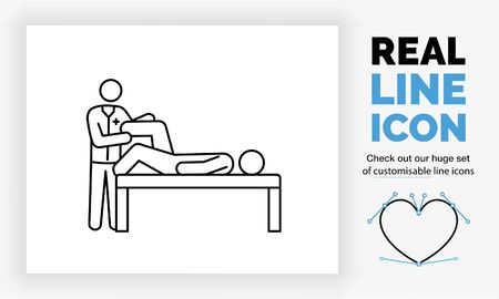 Editable real line icon of a doctor stick figure in full body view doing a check on a patientのイラスト素材