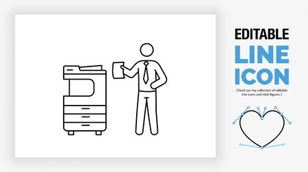 Editable line icon of a stick figure businessman standing next to the copier in the print roomのイラスト素材