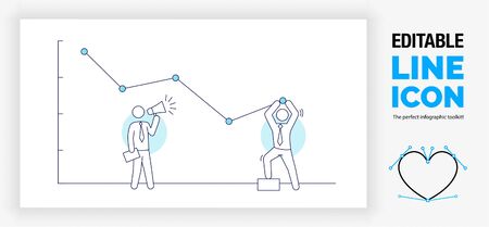Editable line illustration of two business stick figure people in online marketing improving campaign resultsのイラスト素材