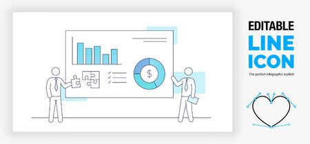 Editable blue line illustration of three business stick figure people aiming an arrow at the goalのイラスト素材