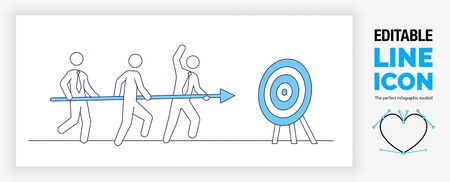 Editable blue line illustration of three business stick figure people aiming an arrow at the goalのイラスト素材
