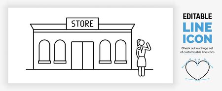 Editable line icon of a stick figure small business owner in front of het storeのイラスト素材