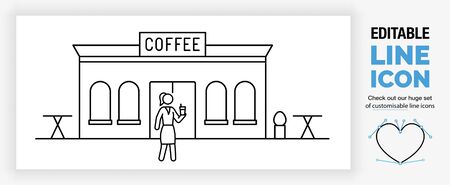 Editable real line icon of a coffee shop building including tablesのイラスト素材