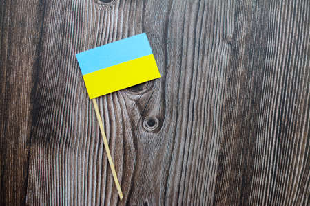 Kids are making small paper flags of Ukraine and Lithuania, Workspace in the kindergartenの写真素材